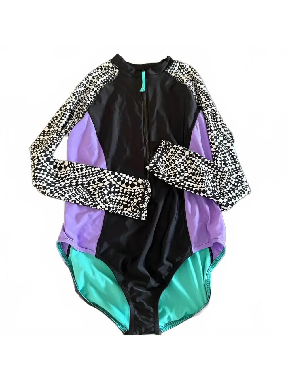 Black Speedo Long Sleeve One Piece XL Zip Front Colorblock Geometric - Picture 1 of 6
